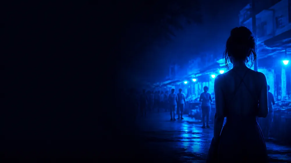 Nigerian OnlyFans creators — woman before acacia silhouettes on a starlit savanna, a bustling market street glowing after dark