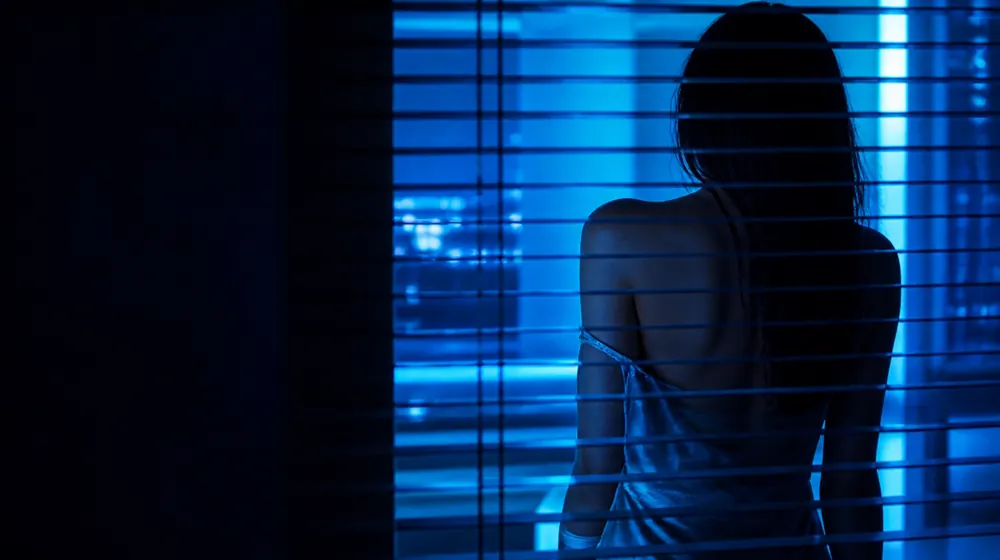 Nip Slip OnlyFans creators — view through window blinds toward a lit apartment, a slipped silk strap catching the light