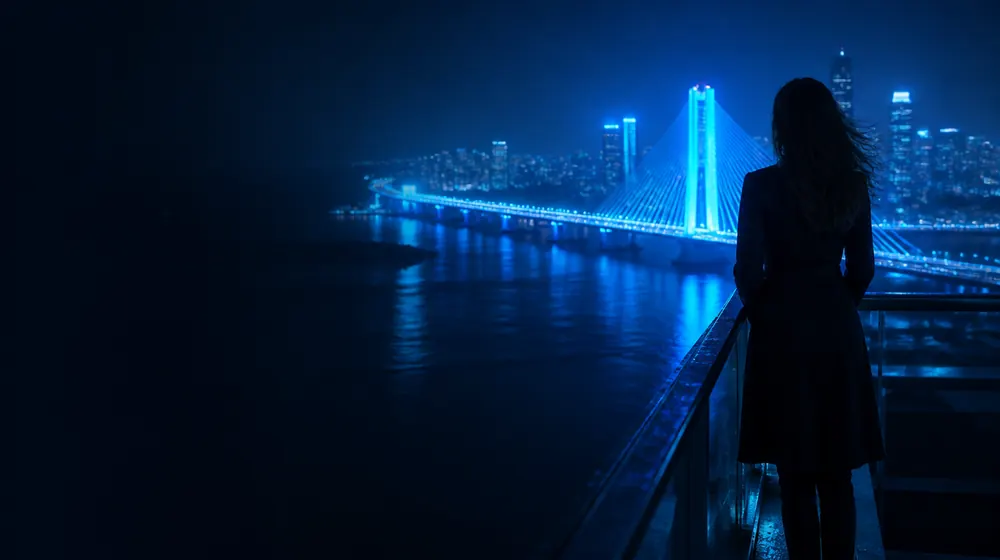 North Jersey OnlyFans creators — woman on a rooftop overlooking a glowing skyline, a great bridge tower with cables across the river