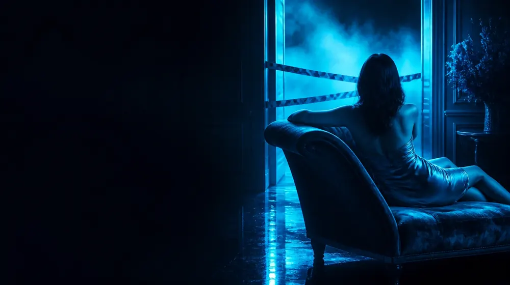 NSFW OnlyFans creators — woman in a silk slip dress reclining on a chaise longue, a red-free warning tape across the doorway
