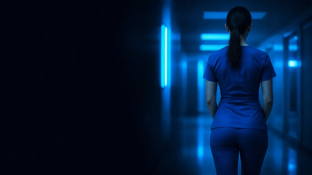 Nurse OnlyFans creators — woman in scrubs in a dim hospital corridor