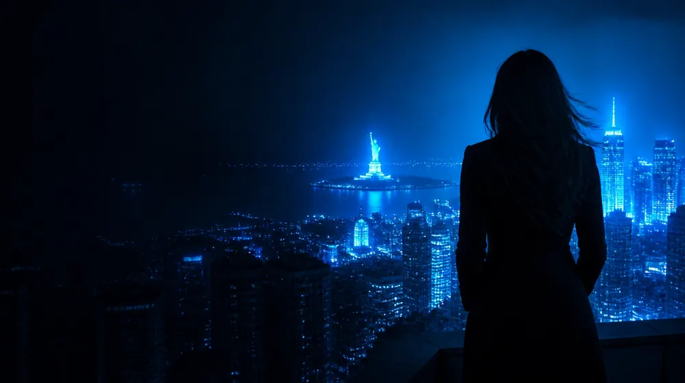 NYC Metro OnlyFans creators — woman on a rooftop overlooking a glowing skyline, the Statue of Liberty glowing across the harbor
