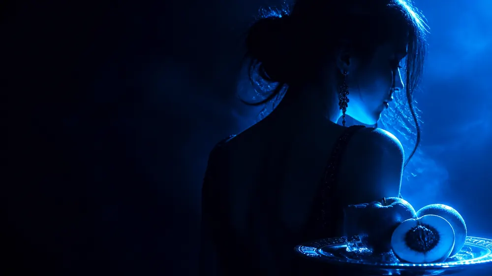 Oral Sex OnlyFans creators — profile of parted lips in blue rim light, a cherry stem tied on the tongue-shaped dish