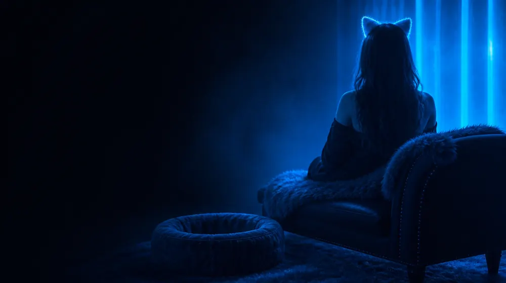 Pet Play OnlyFans creators — woman with a bunny-ear headband in soft neon light, a velvet pet bed and collar by the chaise