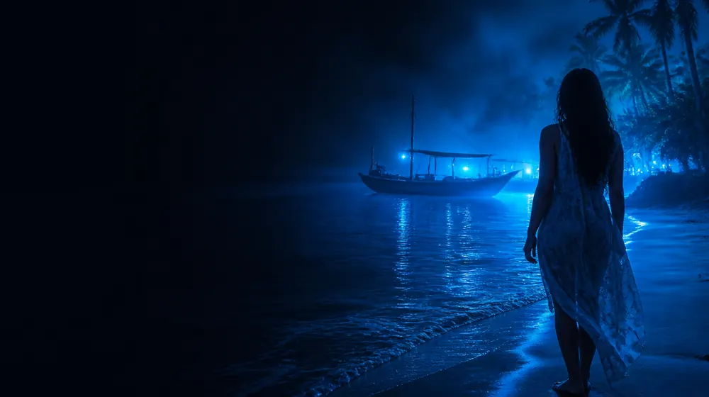 Pinay OnlyFans creators — woman on a tropical beach at night, island fishing boats resting on the shallows