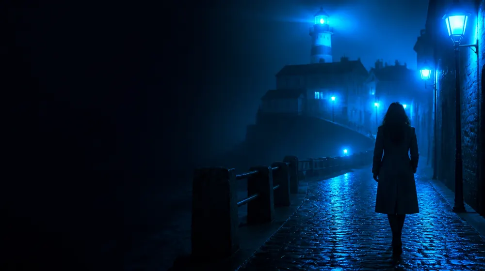 Plymouth OnlyFans creators — woman in a long coat on a lantern-lit cobblestone street, a red-and-white lighthouse above the harbour hoe