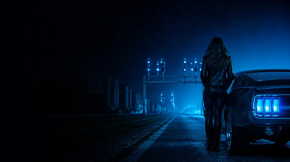 Pocatello OnlyFans creators — woman beside a classic muscle car on a starlit highway, rail yards and semaphore signals under the stars