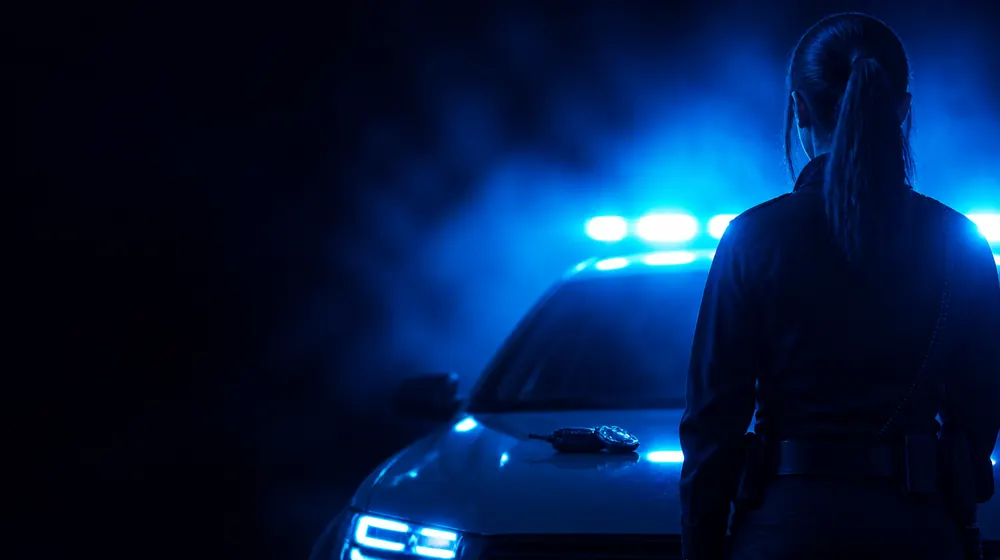 Police Officer OnlyFans creators — woman in duty uniform beside a patrol car with blue lights, a badge and radio resting on the hood