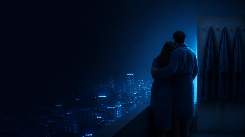 Polyamory OnlyFans creators — couple embracing on a rooftop above a glowing city, three robes hung on three hooks