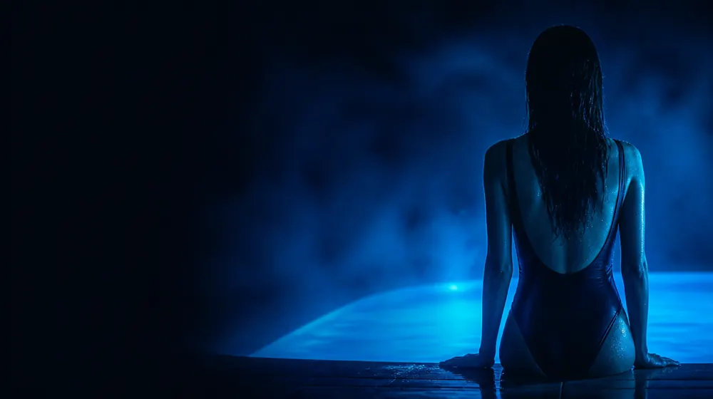 Pool OnlyFans creators — woman at the edge of a glowing pool at night