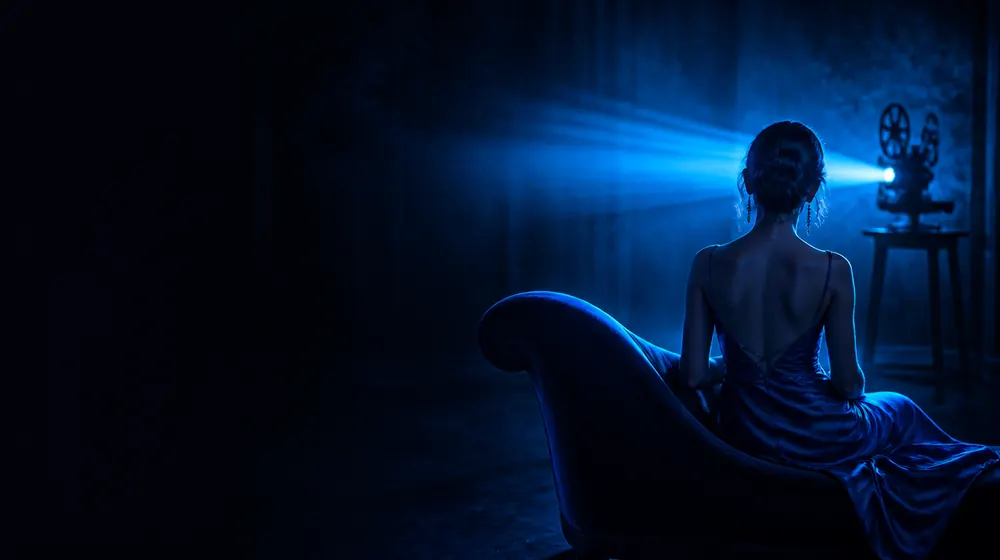 Creator OnlyFans Porn — donna in abito slip di seta sdraiata su una chaise longue, un proiettore cinematografico che proietta nel buio