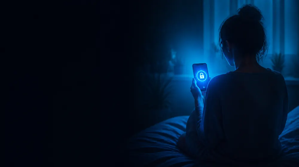 Criadores de OnlyFans PPV — mulher em uma cama iluminada pelo brilho de um smartphone, um carretel trancado com cadeado brilhando na tela
