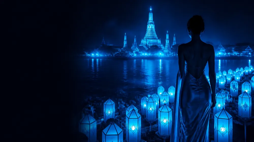 Praew OnlyFans creators — woman in a silk dress among glowing paper lanterns, golden temple spires above the river