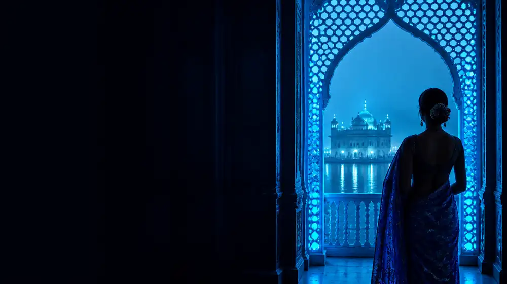 Punjabi OnlyFans creators — woman in a sari before a glowing jali archway, a golden temple gleaming on the water
