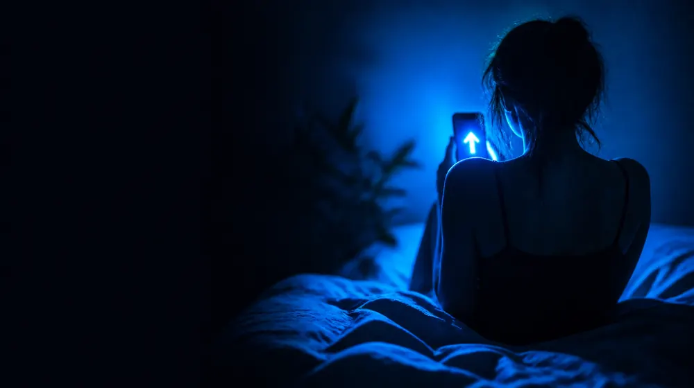 Reddit OnlyFans creators — woman on a bed lit by a smartphone glow, an upvote arrow glowing on the screen