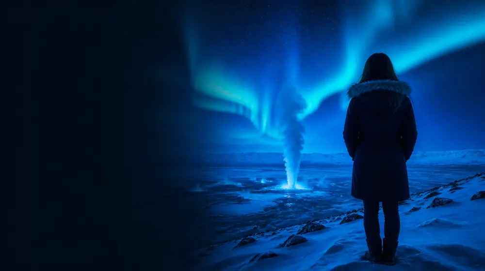 Reykjavik OnlyFans creators — woman beneath aurora lights over a snowy ridge, a geyser column steaming under the aurora