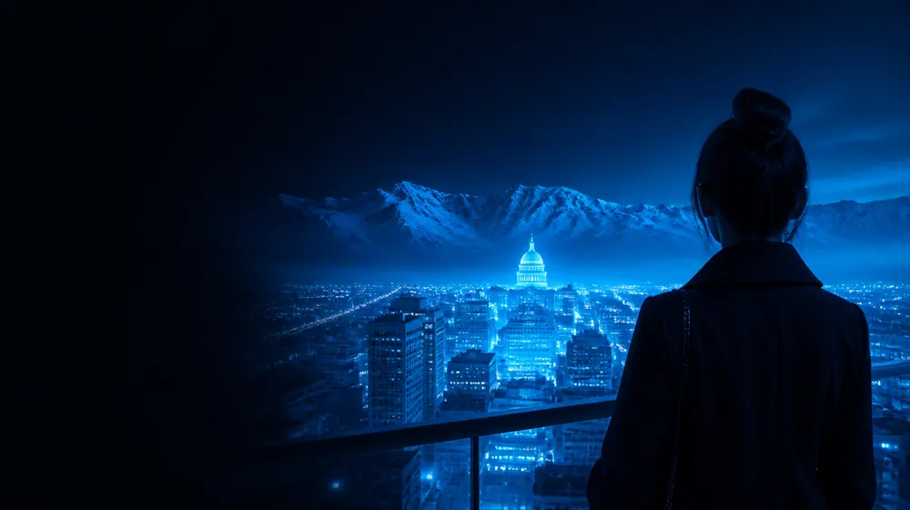 Salt Lake City OnlyFans creators — woman on a rooftop overlooking a glowing skyline, a beehive monument before the snowy wasatch peaks