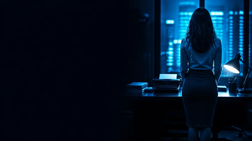 Secretary OnlyFans creators — woman in a pencil skirt in a dark office with city glow, a typewriter and memo stack in the lamp glow