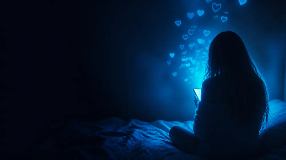 Sext OnlyFans creators — woman on a bed lit by a smartphone glow, heart bubbles floating off the phone screen