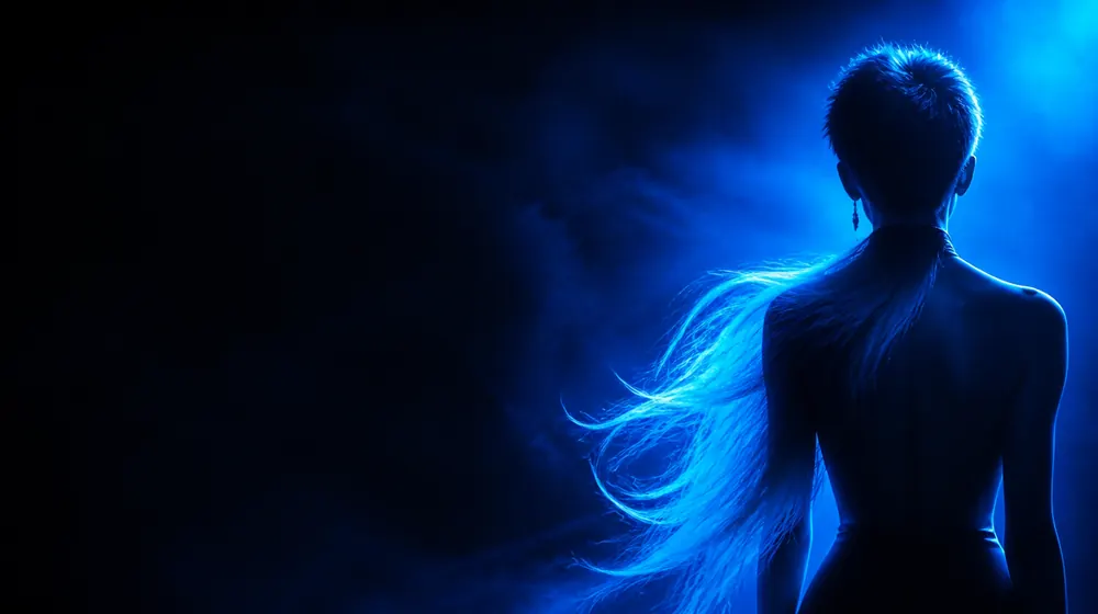 Short Hair OnlyFans creators — long flowing hair catching bright blue rim light, a pixie-cut silhouette in sharp rim light