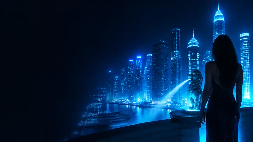 Singapore OnlyFans creators — woman on a rooftop overlooking a glowing skyline, a lion fountain spouting toward the marina towers