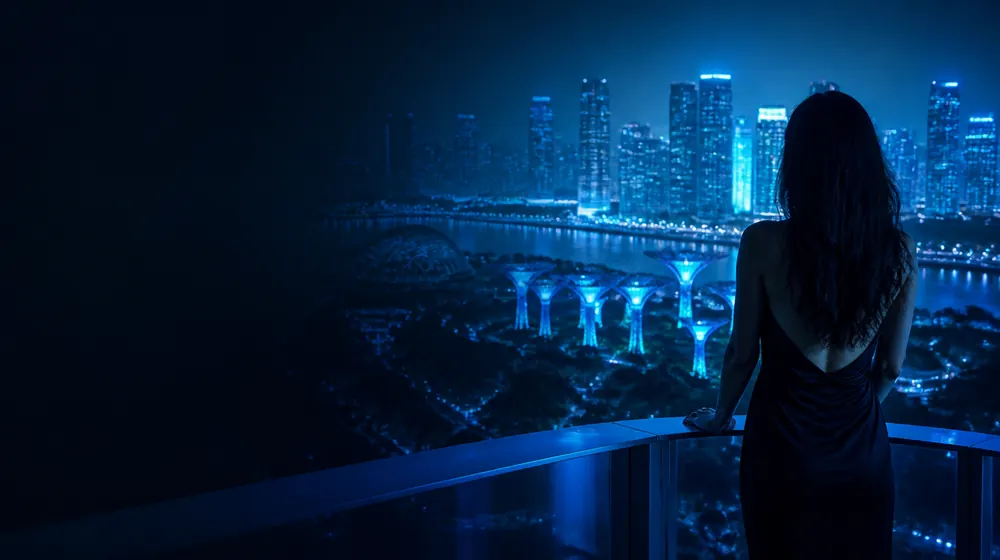Singaporean OnlyFans creators — woman on a rooftop overlooking a glowing skyline, supertree columns glowing in the garden bay