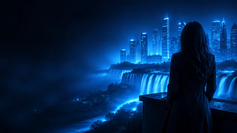 Sioux Falls OnlyFans creators — woman on a rooftop overlooking a glowing skyline, pink quartzite falls cascading beside the park