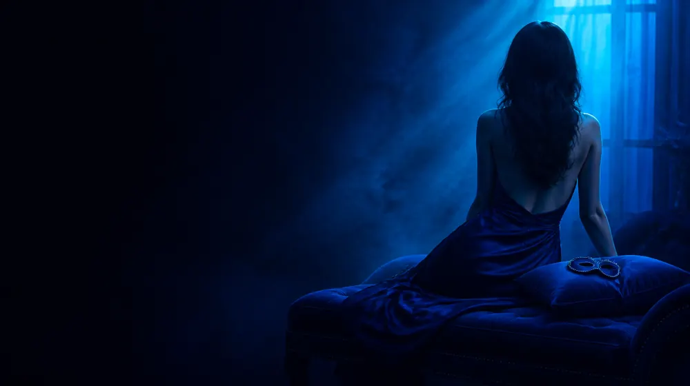 Sleepy Sex OnlyFans creators — woman in a silk slip dress reclining on a chaise longue, an eye mask pushed up on her forehead