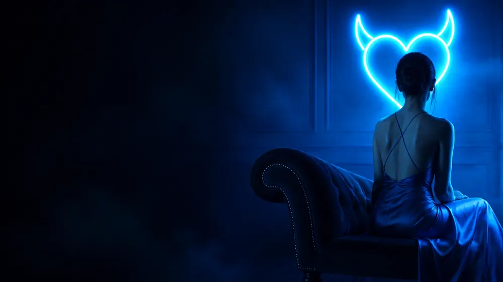 Sluttiest OnlyFans creators — woman in a silk slip dress reclining on a chaise longue, a horned heart neon buzzing on the wall