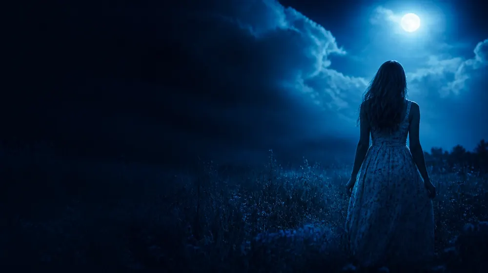 Soft Girl OnlyFans creators — woman in a summer dress in a moonlit meadow, pastel-free plush clouds hung over the bed