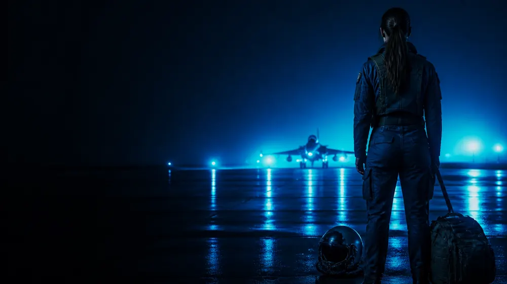 Soldier OnlyFans creators — woman in uniform on a night airfield, a helmet and pack resting by the runway