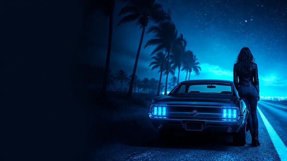 South Carolina OnlyFans creators — woman beside a classic muscle car on a starlit highway, palmetto trees swaying along the road