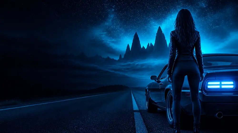 South Dakota OnlyFans creators — woman beside a classic muscle car on a starlit highway, badlands rock spires against the night sky