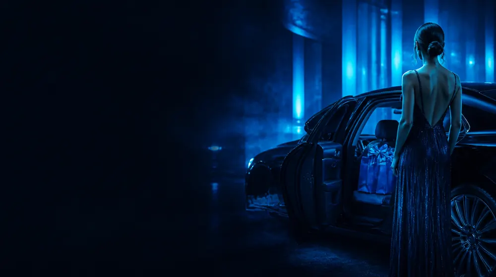 Sugar Baby OnlyFans creators — woman in an evening gown beside a luxury car at night, shopping bags ribboned on the car seat