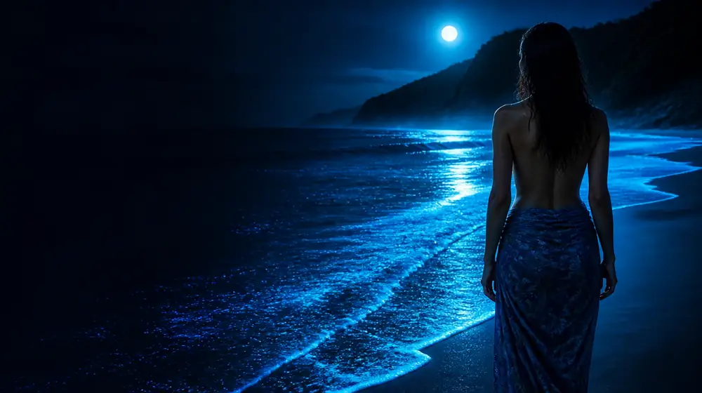 Sunshine Coast OnlyFans creators — woman in a sarong on a moonlit beach with glowing surf, golden surf rolling beneath the headland