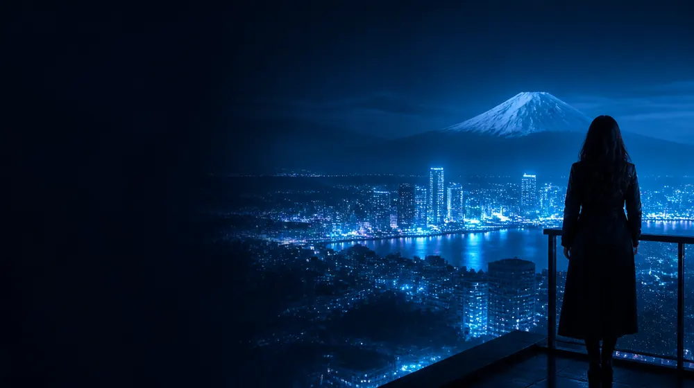 Tacoma OnlyFans creators — woman on a rooftop overlooking a glowing skyline, a snow-capped volcano looming behind the harbor