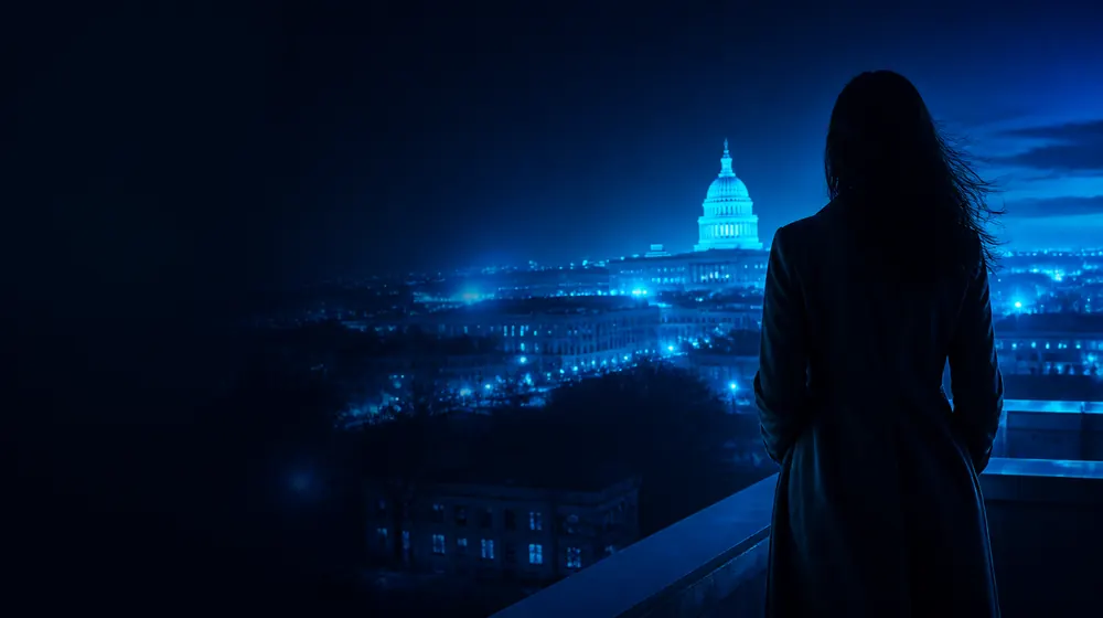 Tallahassee OnlyFans creators — woman on a rooftop overlooking a glowing skyline, the capitol tower lit above the oaks