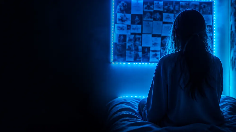 Teen OnlyFans creators — young woman in a bedroom lined with LED lights, a corkboard of pinned photos and ticket stubs