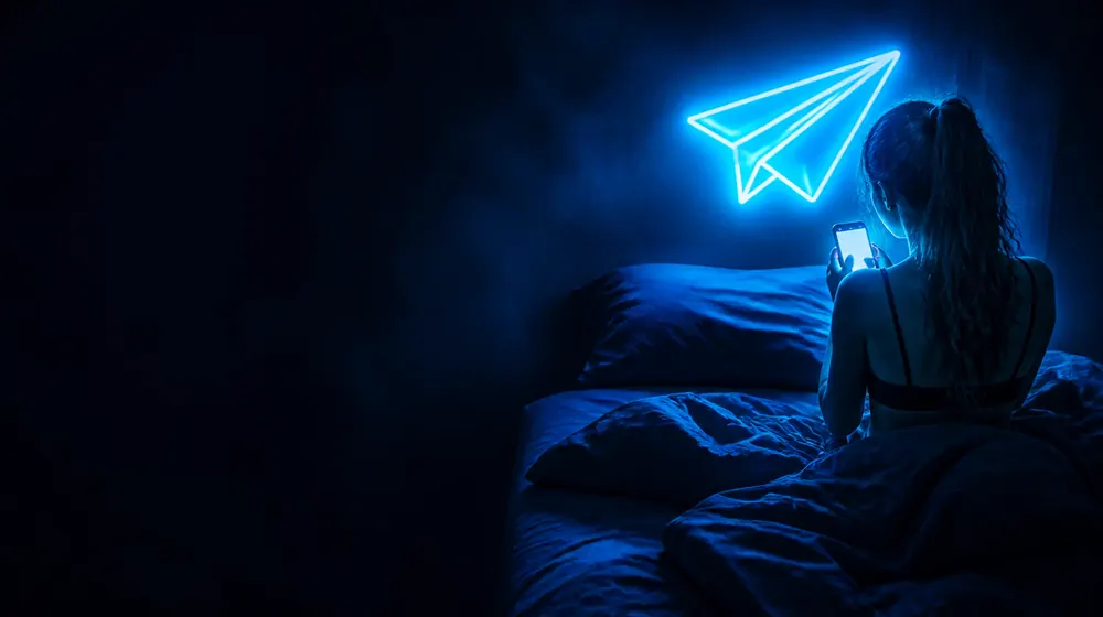 Ustvarjalci OnlyFans v niši Telegram — ženska na postelji, osvetljeni s sijem pametnega telefona, neonski napis papirnatega letala nad posteljo