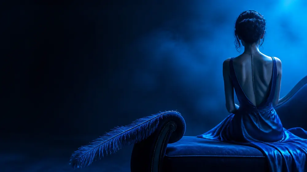 Tickling OnlyFans creators — woman in a silk slip dress reclining on a chaise longue, a long feather resting on the bare footboard