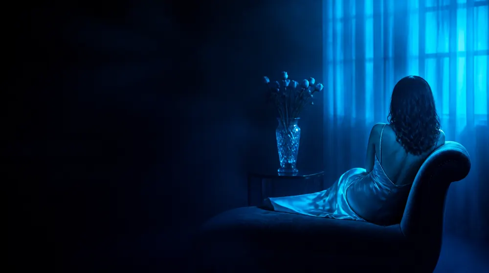 Tight Pussy OnlyFans creators — woman in a silk slip dress reclining on a chaise longue, rosebuds tight in the crystal vase