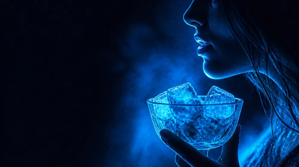 Tongue Sucking OnlyFans creators — profile of parted lips in blue rim light, melting ice cubes in the crystal bowl