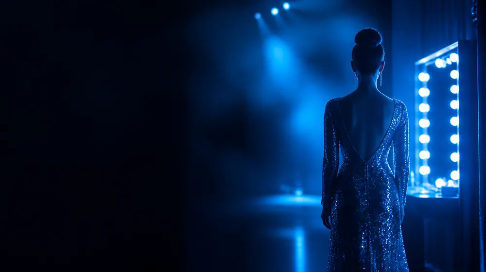 Tranny OnlyFans creators — performer in a sequined gown on a neon-lit stage, a dressing mirror ringed with bulbs backstage