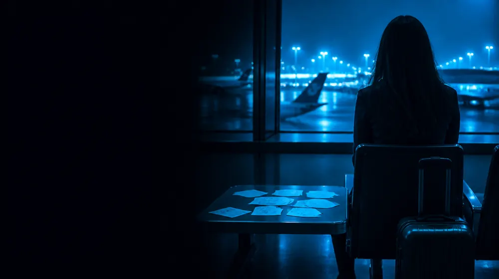Travel OnlyFans creators — woman with a suitcase at an airport window at night, passport stamps scattered on the tray table
