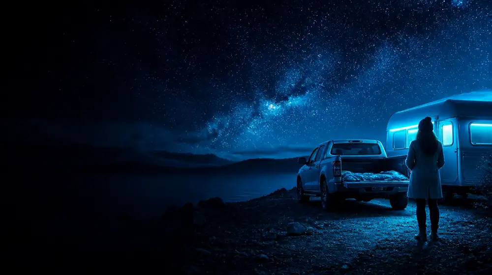 Truck OnlyFans creators — woman at a camper van beneath a sea of stars, a pickup parked with its tailgate down
