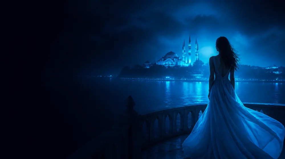 Turkish OnlyFans creators — woman on a terrace facing a mosque skyline across the water