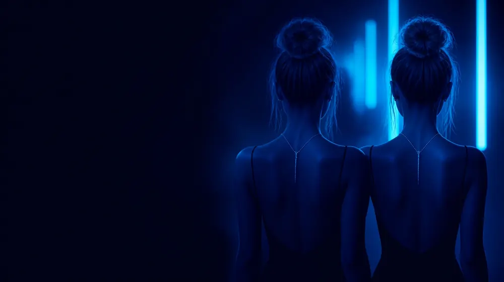 Twin OnlyFans creators — two identical women side by side in neon light, matching necklaces glinting on both