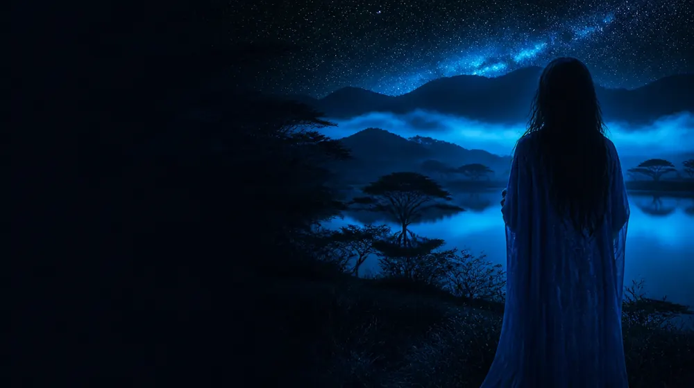 Ugandan OnlyFans creators — woman before acacia silhouettes on a starlit savanna, misty highland hills above the lake