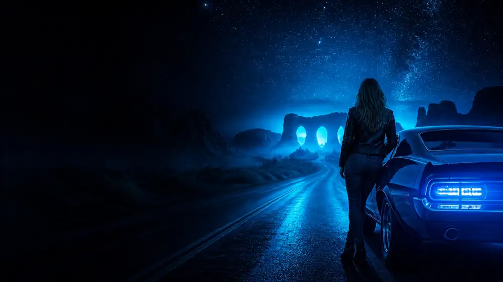 Utah OnlyFans creators — woman beside a classic muscle car on a starlit highway, red rock arches glowing in the distance