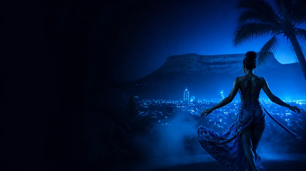 Venezuelan OnlyFans creators — woman dancing under palm silhouettes and city lights, a table mountain looming over the savanna
